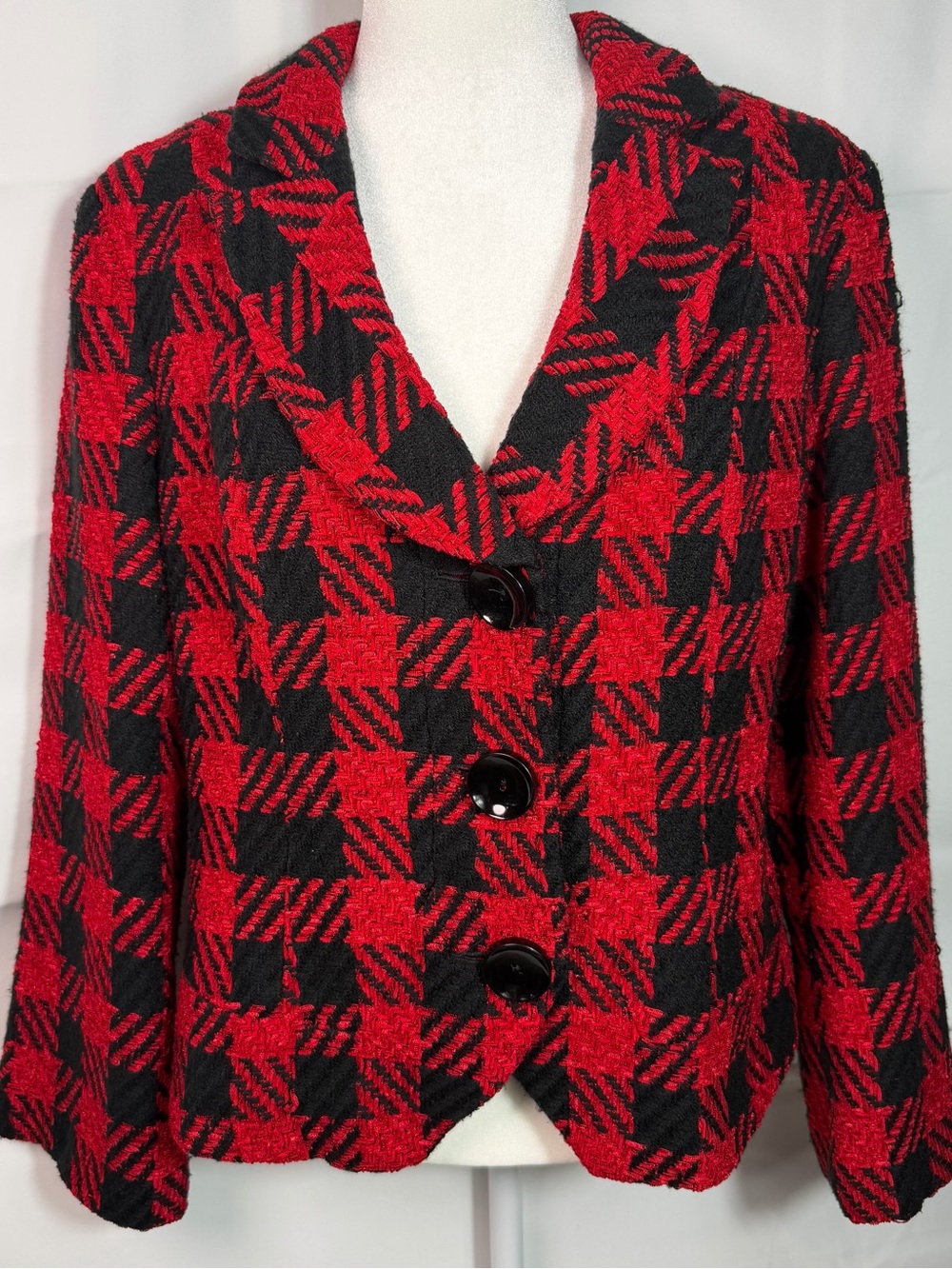 Coldwater Creek Women's Blazer Size 14 Tartan Red Black Button Shaped Fit Career